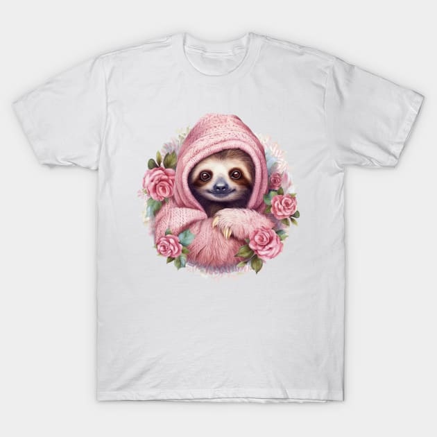 Pink Christmas Sloth T-Shirt by Chromatic Fusion Studio